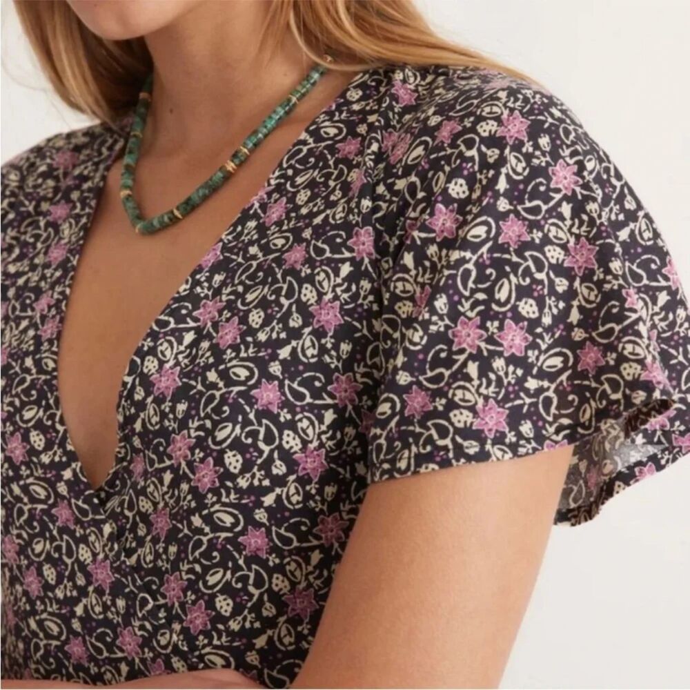Marine Layer NWT Emlyn Black Purple Floral V-Neck Tie Wrap Midi Dres size large